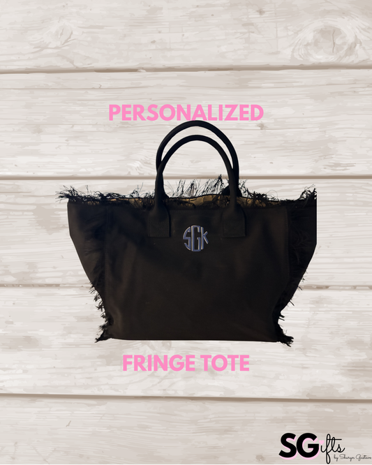 Personalized black canvas fringe tote bag 20" x 12" x 8"