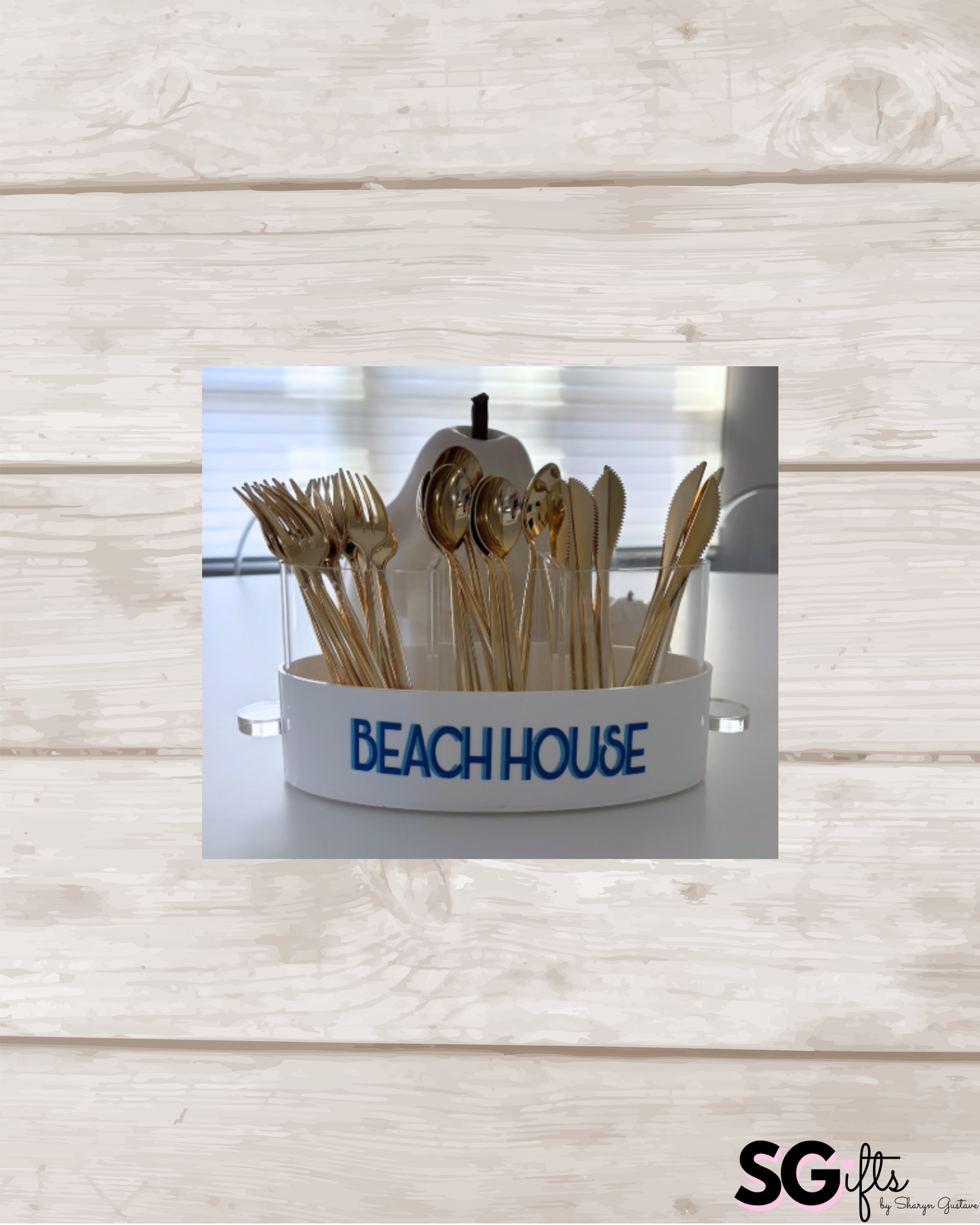 Personalized white and clear acrylic silverware caddy with 3 removable sections