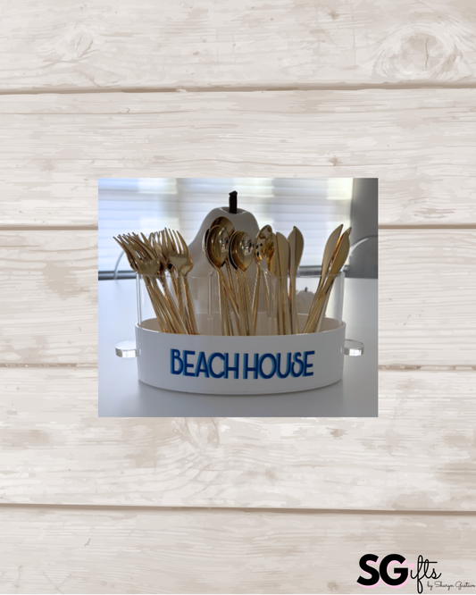 Personalized white and clear acrylic silverware caddy with 3 removable sections