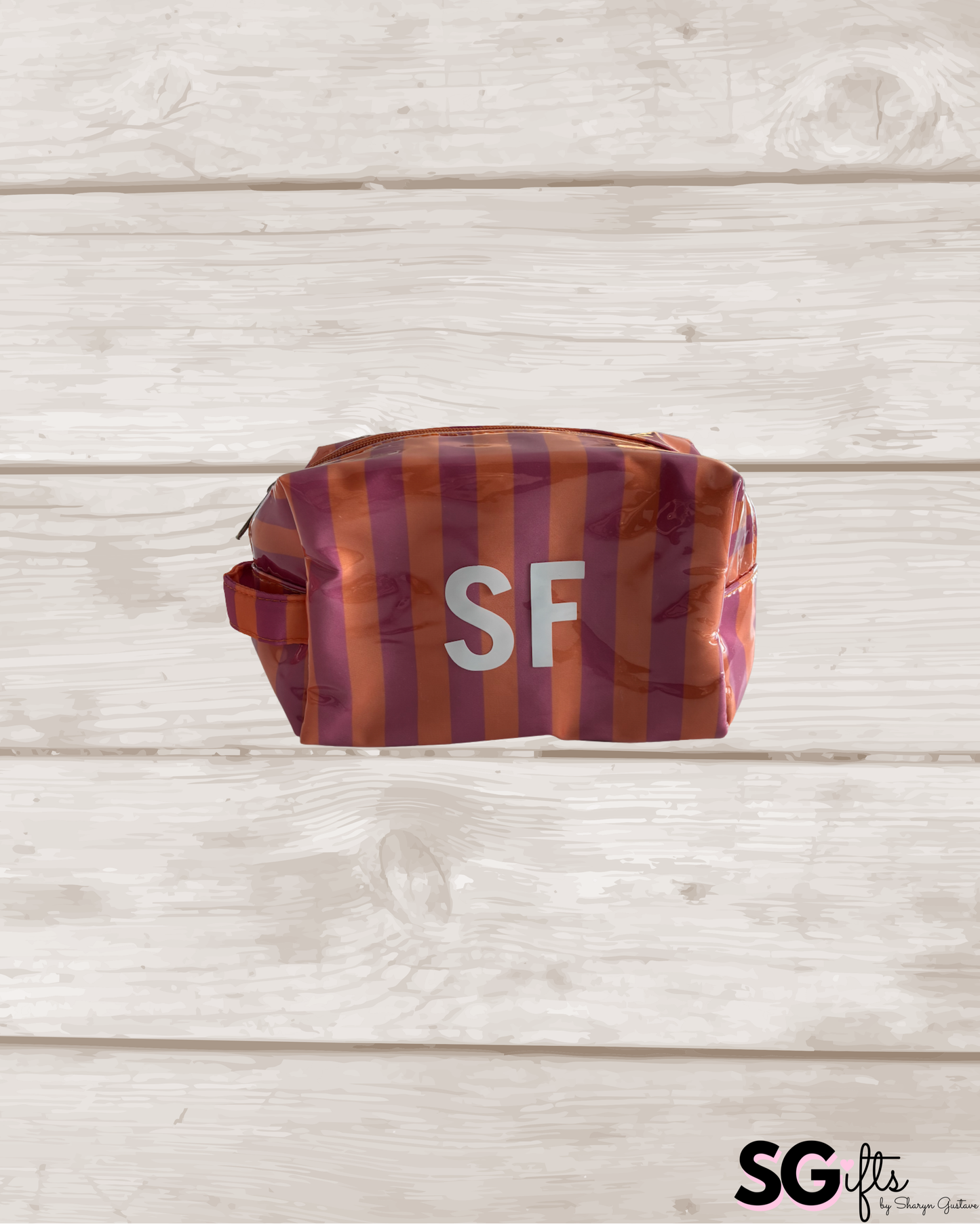 Personalized coated makeup bag with zipper closure- pink/orange