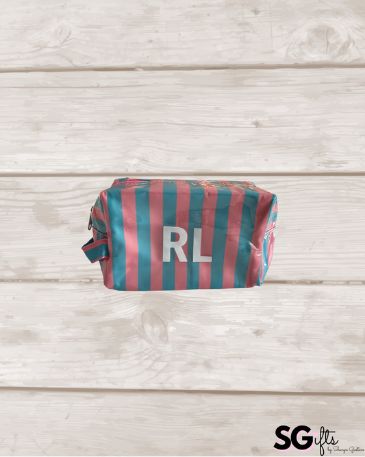 Personalized coated makeup bag with zipper closure- pale pink/light blue
