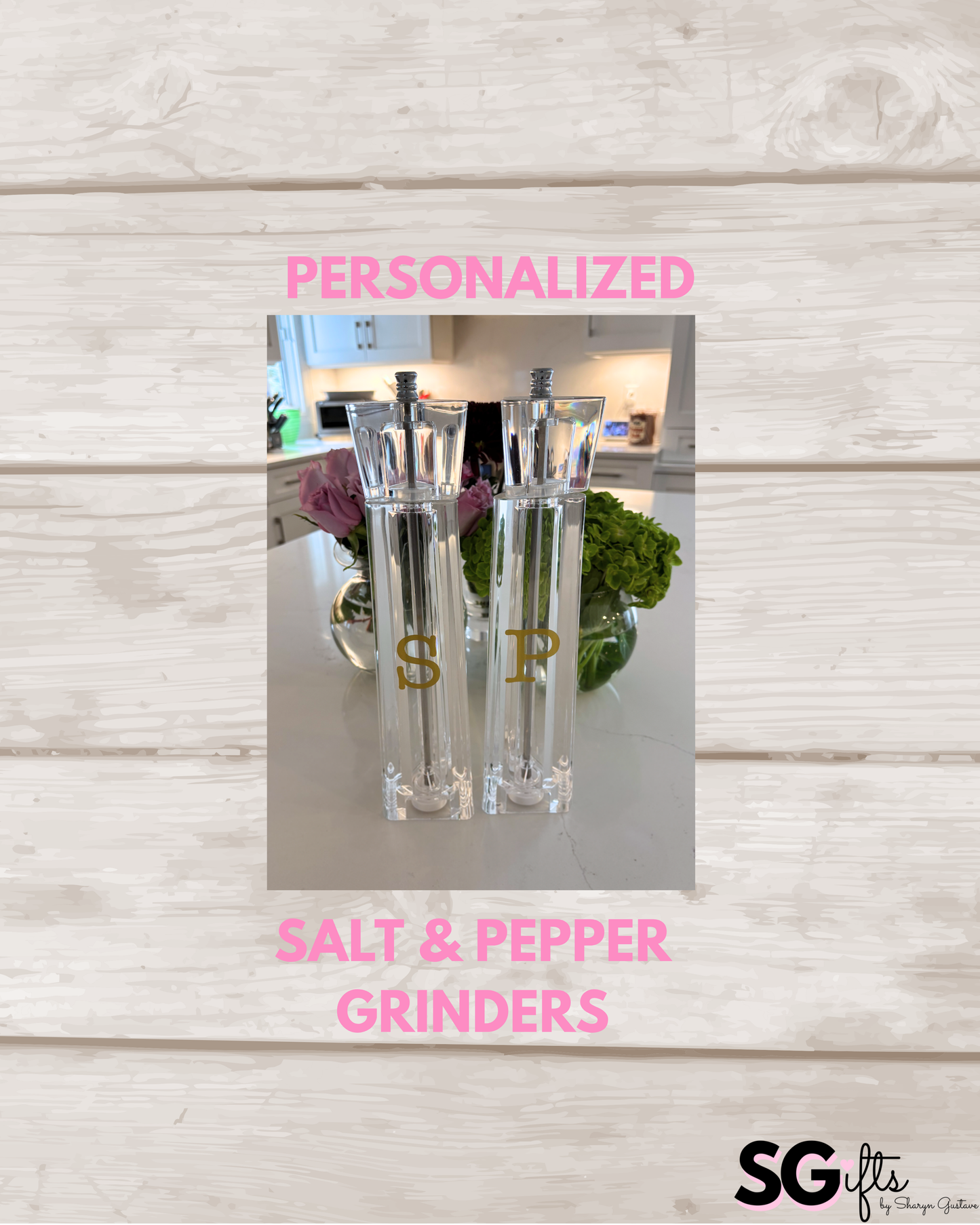 Personalized acrylic 12" salt and pepper shakers- gold - sold as set