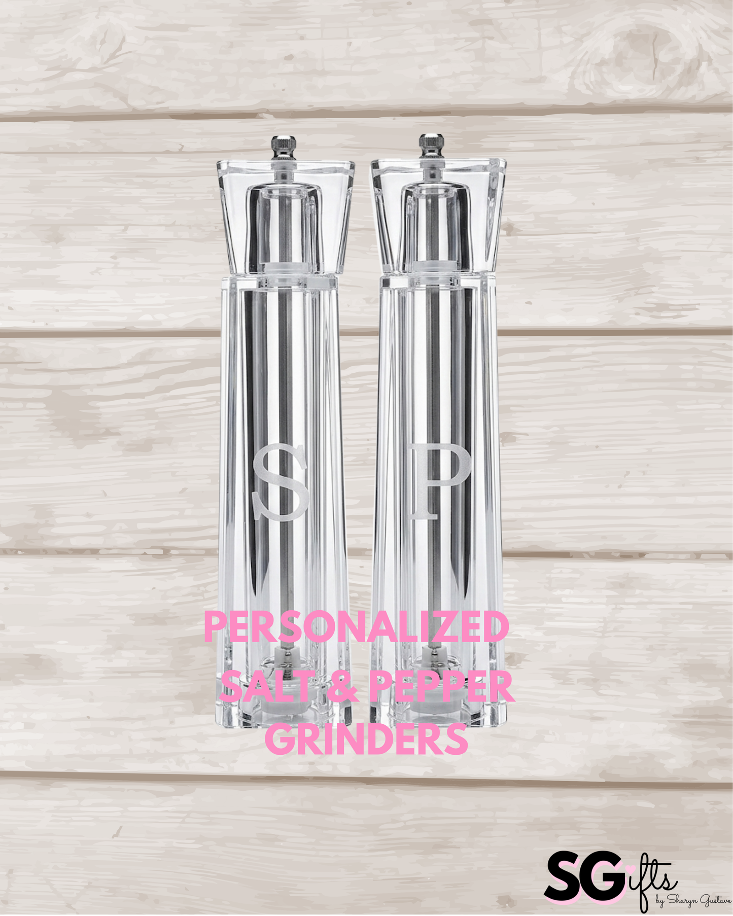 Personalized acrylic 12" salt and pepper shakers- white- sold as set
