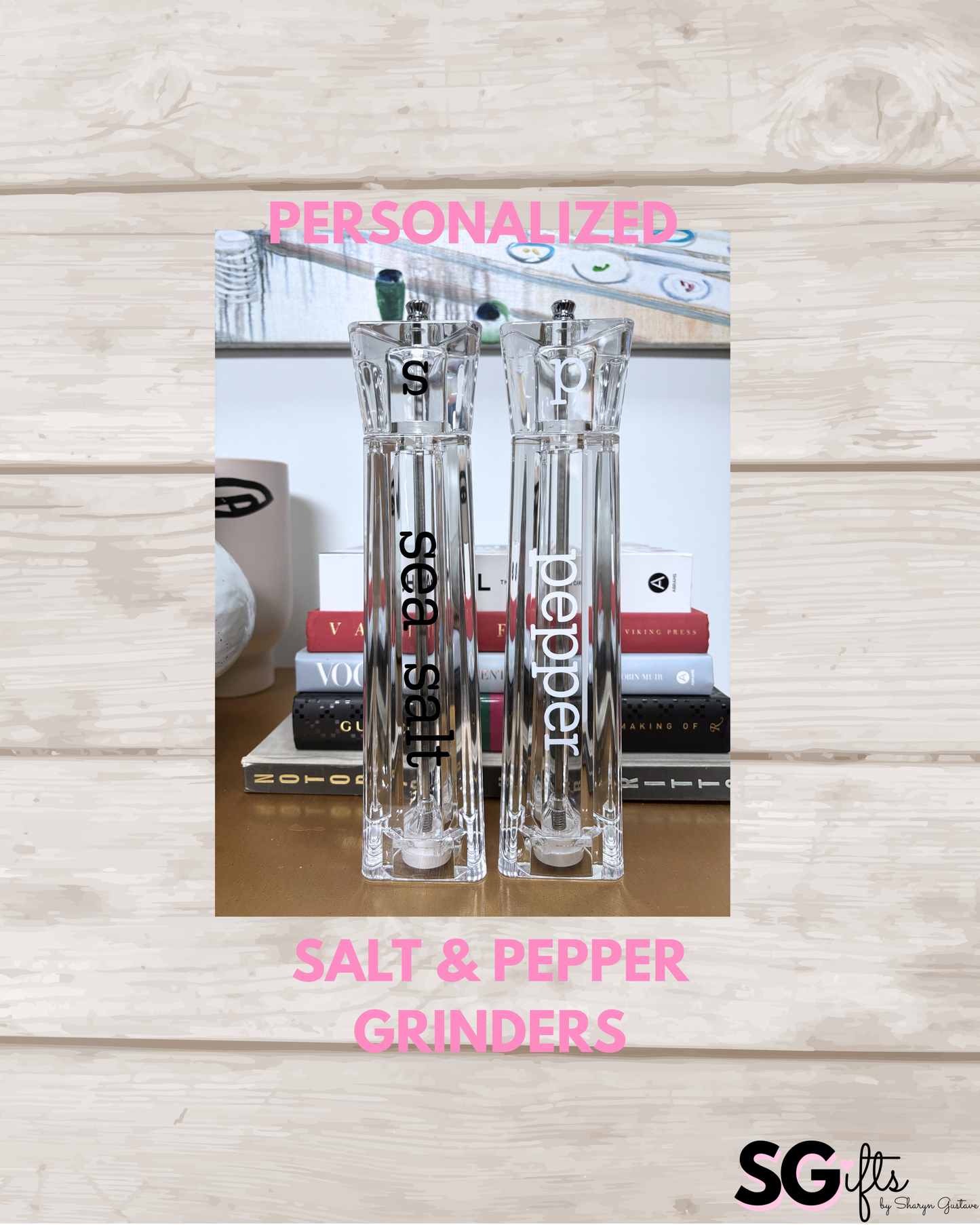 Personalized acrylic 12" salt and pepper shakers-  sold as set