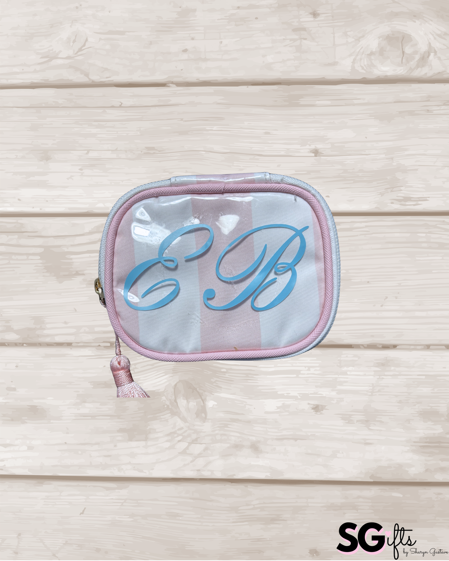 Personalized coated travel jewelry bag with tassel closure- pale pink / white