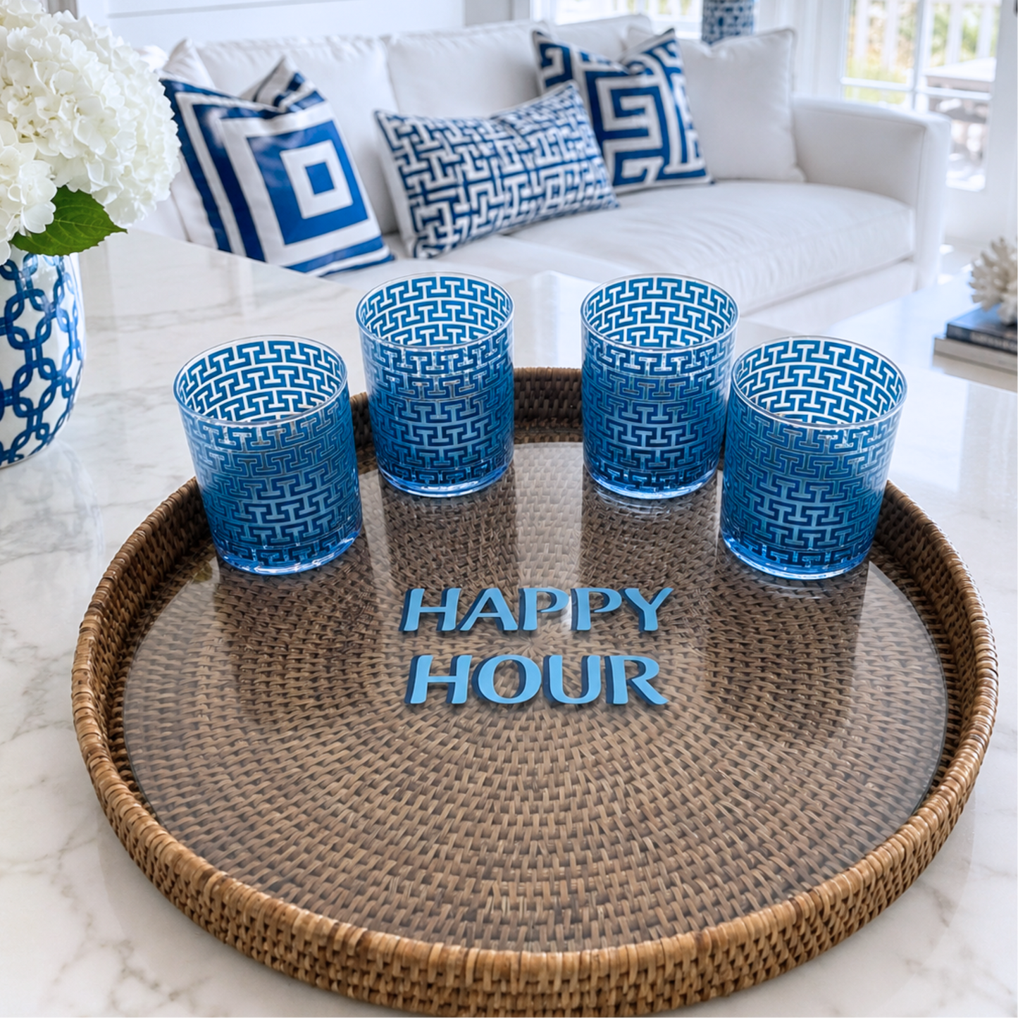 Personalized 16" x 2" round rattan tray with glass insert