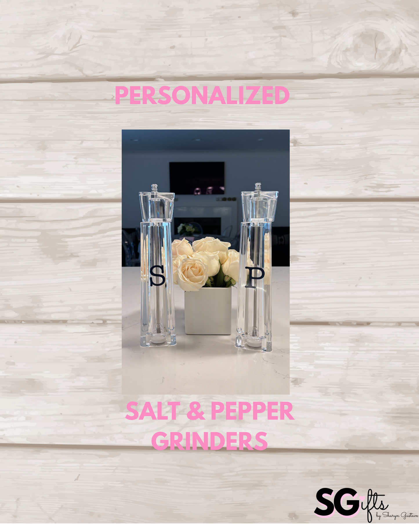 Personalized acrylic 12" salt and pepper shakers- black  - sold as set