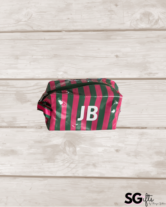 Personalized coated makeup bag with zipper closure- pink/green