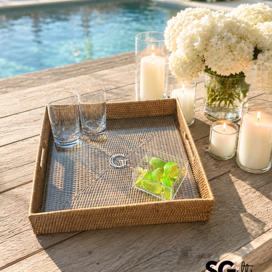 Personalized 16" rattan square tray with glass insert