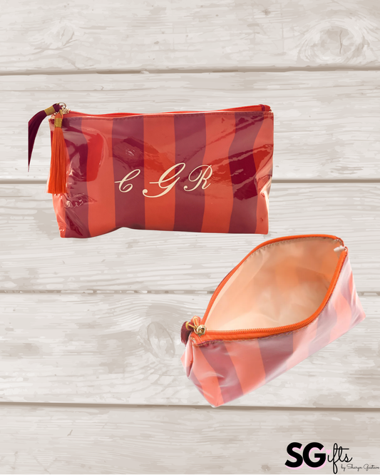 Personalized coated makeup bag with tassle closure- orange/red- medium