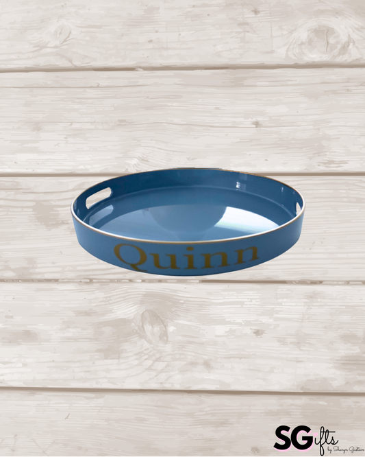 Pesonalized 13" opaque light blue round tray with your name on the side