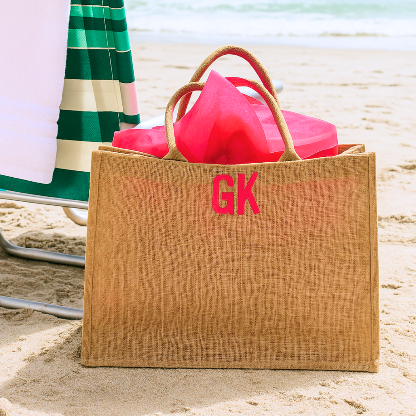 Personalized raffia beach bag 11" x 15" x 5"