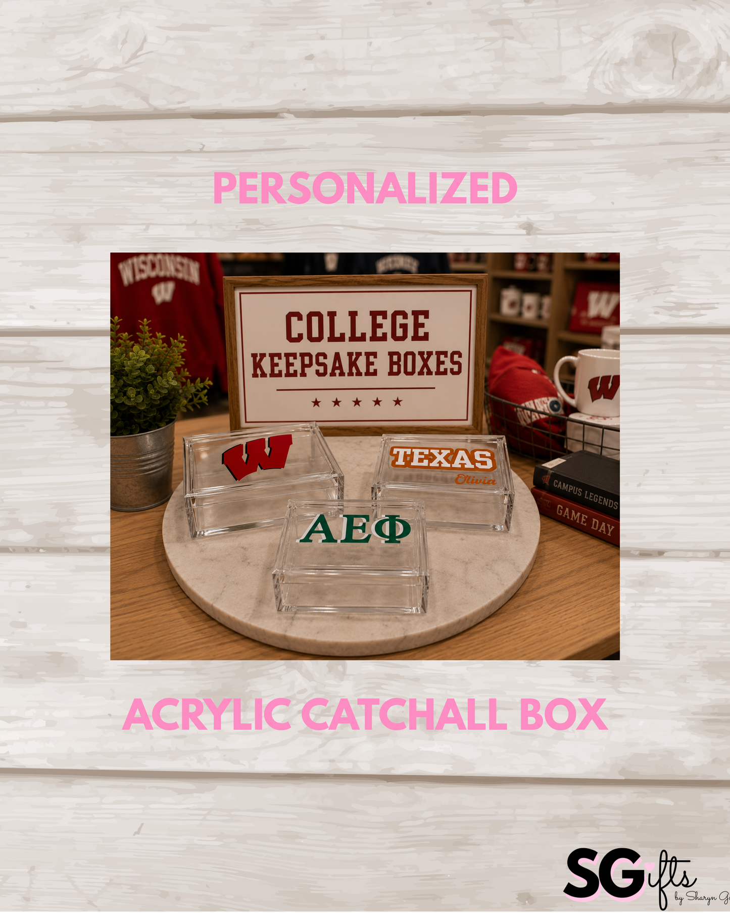 Personalized 4" x 6" clear acrylic catchall jewelry box with removable top- your sorority