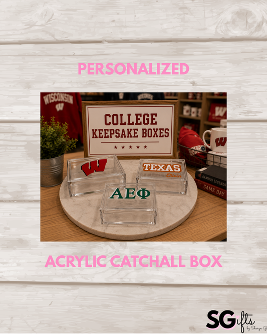 Personalized 4" x 6" clear acrylic catchall jewelry box with removable top- your sorority