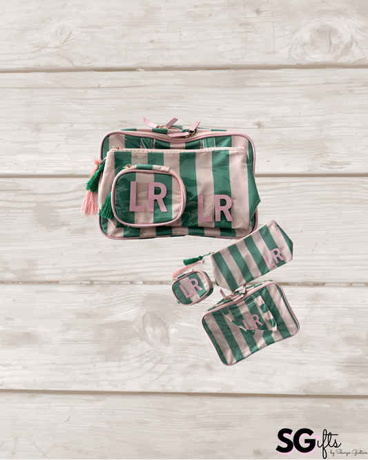 Personalized coated travel makeup and jewelry bag bundle- pale pink/ green