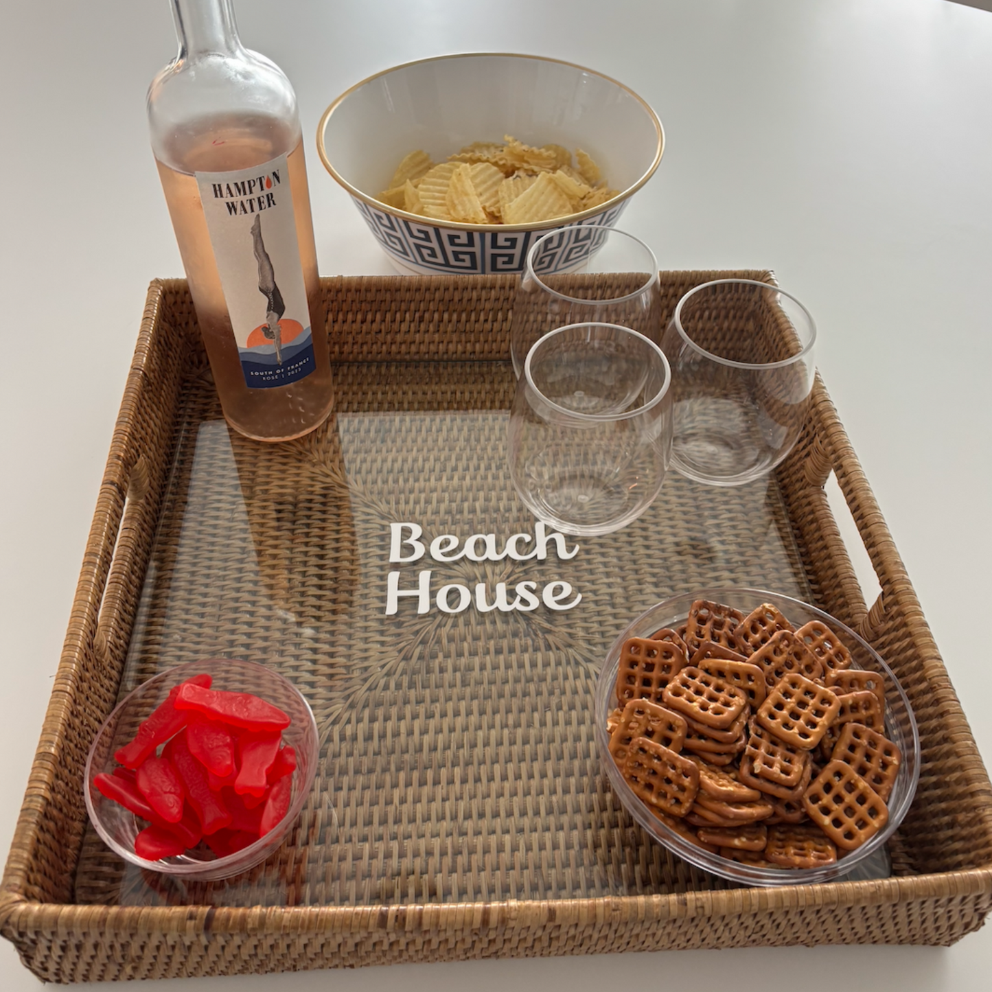 Personalized 16" rattan tray with glass insert