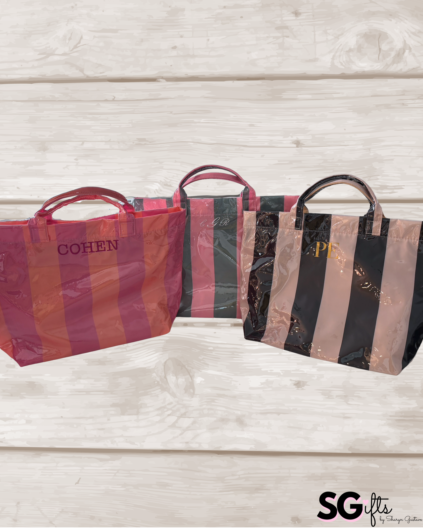Personalized thick striped beach bag / waterproof black/taupe