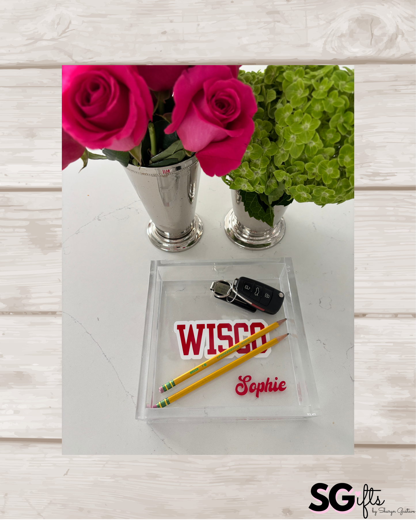 Personalized 6” x 6” acrylic thick catch all tray -WISCO & your name