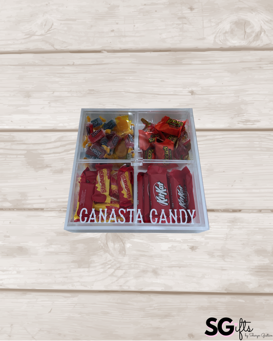 Personalized Canasta Candy 4 section clear acrylic serving tray, sold with the candy , sections are removable