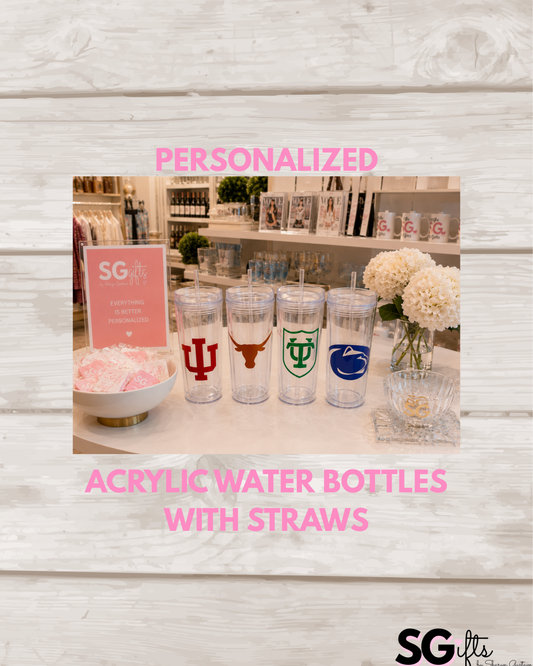 Personalized 19 ounce acrylic water bottle with a straw
