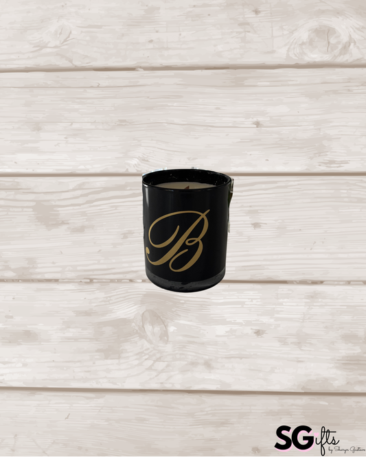 Personalized 7.8 ounce black candle with one letter elegant monogram  - Teakwood and slate