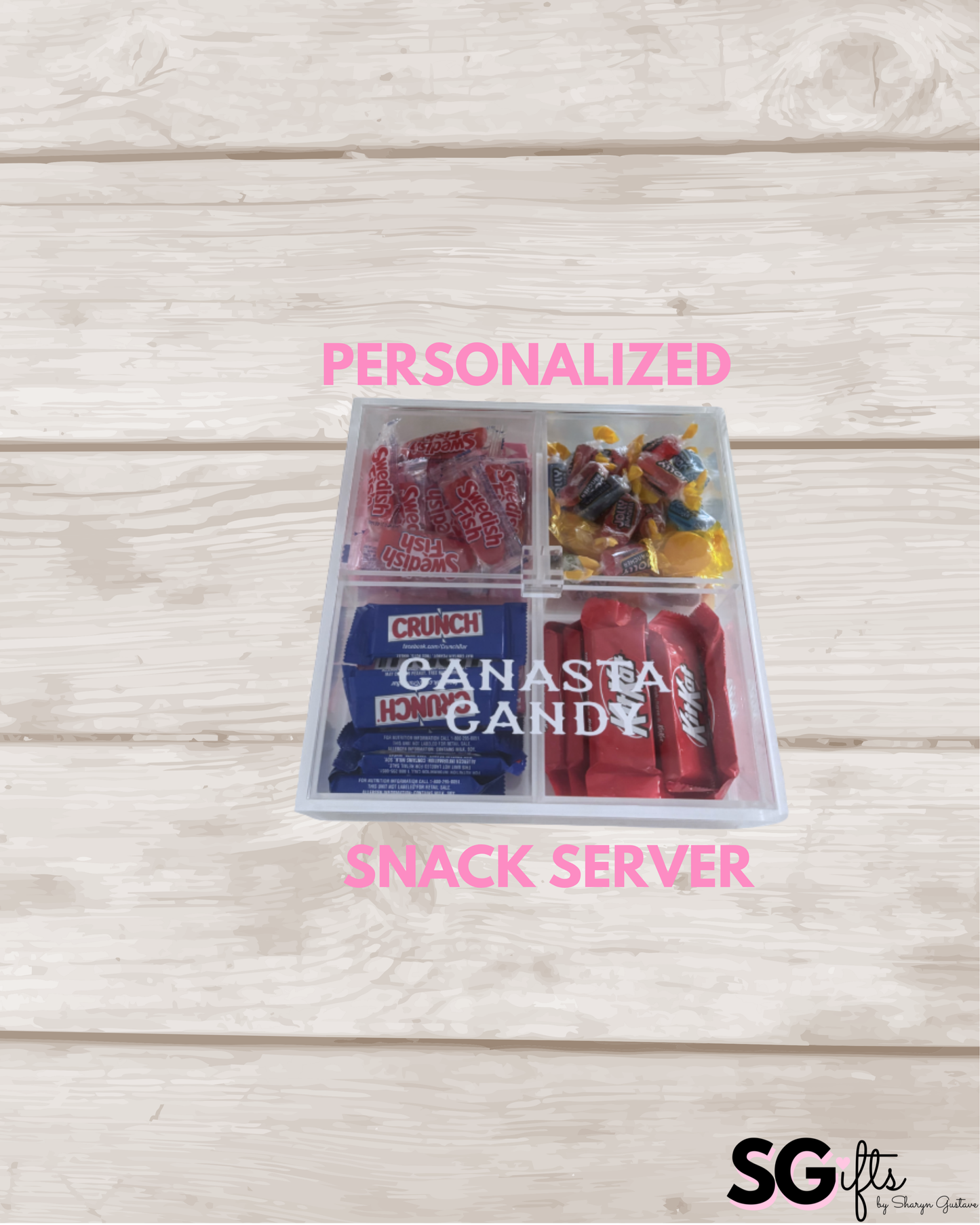 Personalized Canasta Candy 4 section clear acrylic serving tray, sold with the candy , sections are removable