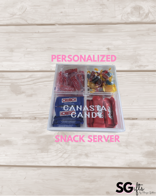 Personalized Canasta Candy 4 section clear acrylic serving tray, sold with the candy , sections are removable