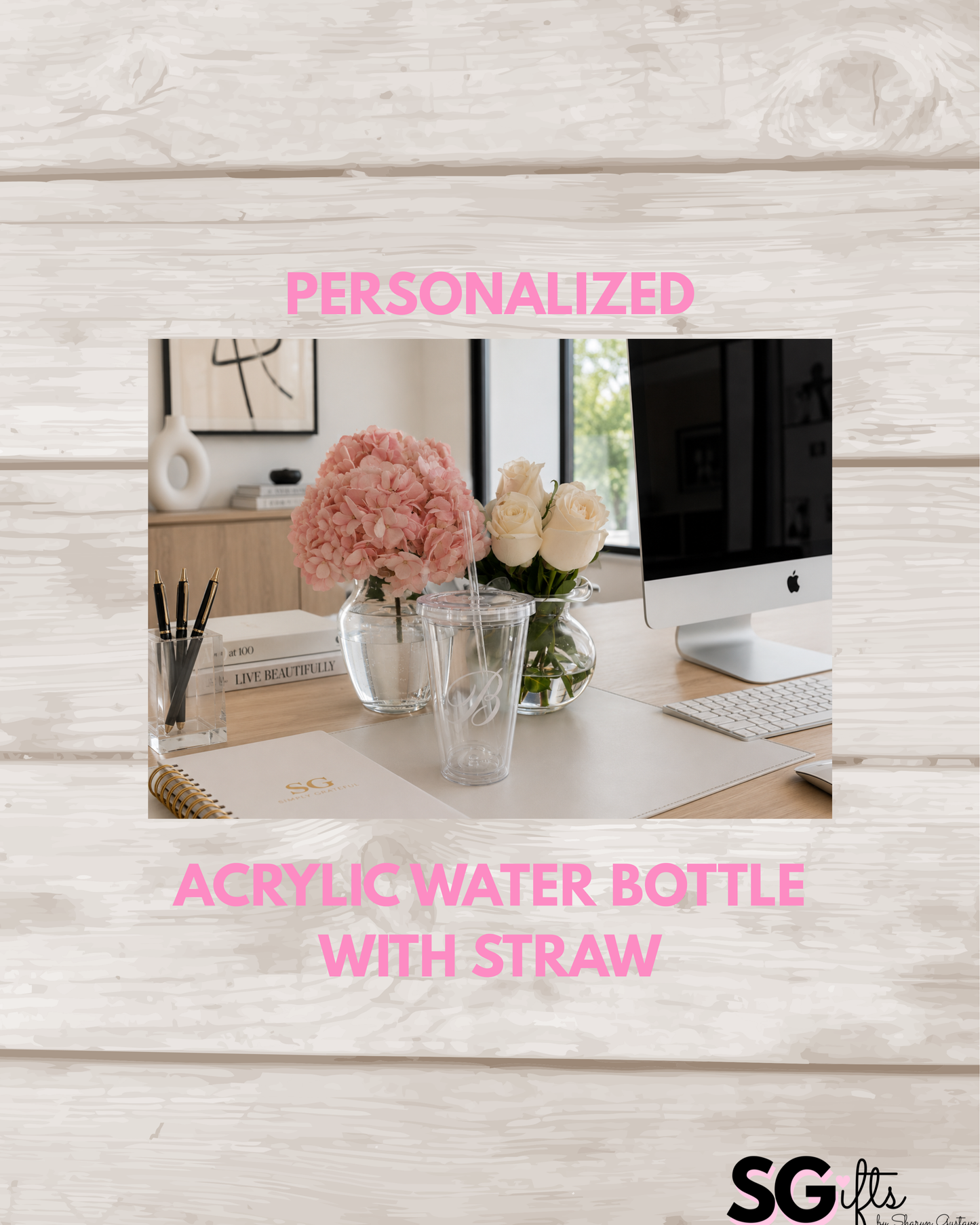 Personalized 19 ounce clear acrylic bottle with straw-elegant one letter monogram