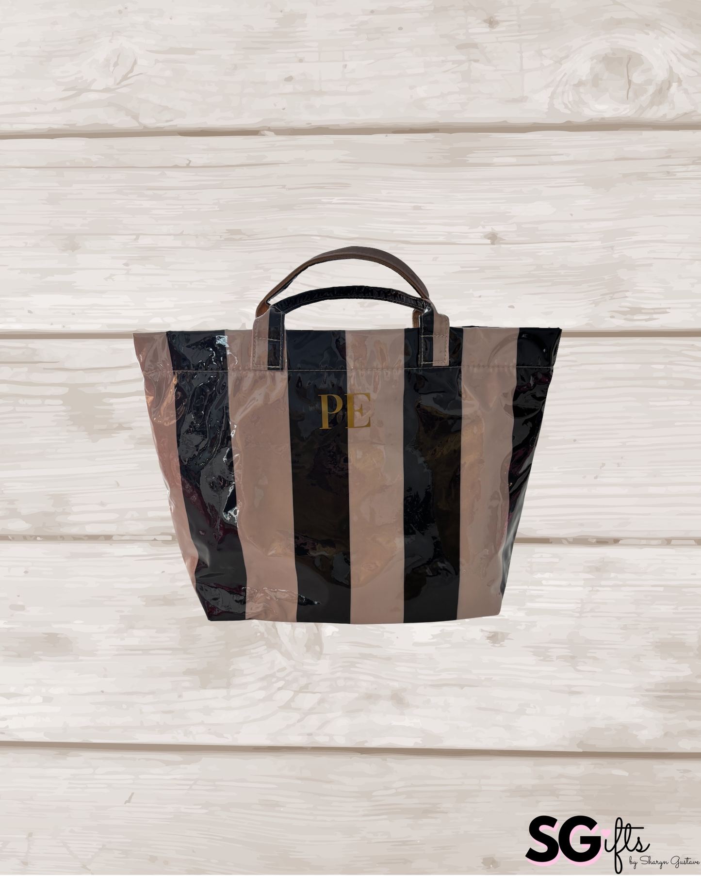 Personalized thick striped beach bag / waterproof black/taupe