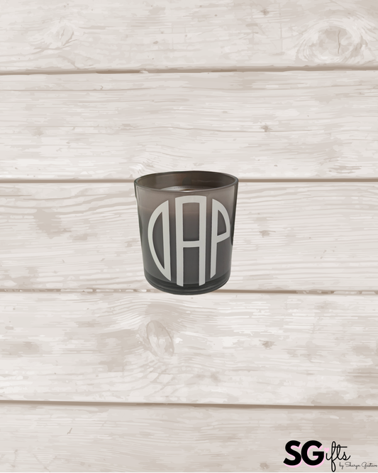 Personalized 7.8 ounce gray candle with a three letter modern monogram