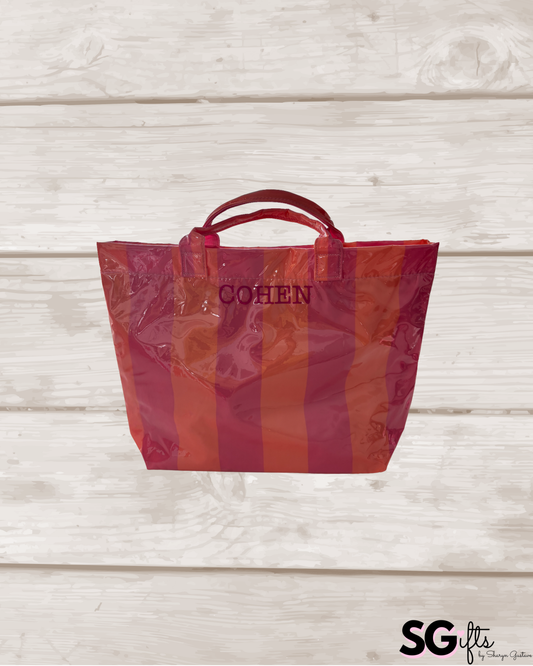 Personalized thick striped beach bag / waterproof pink / orange
