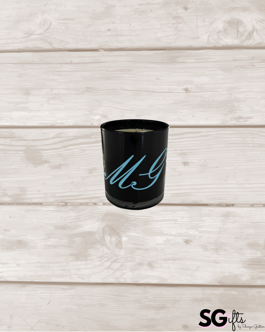 Personalized 7.8 ounce black candle- elegant monogram - bourbon amber