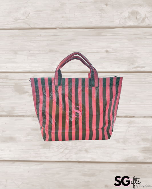 Personalized striped beach bag / waterproof  light pink/ green