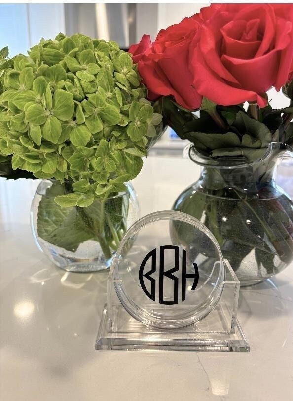 personalized 4" clear acrylic round modern monogrammed coasters - set of 4