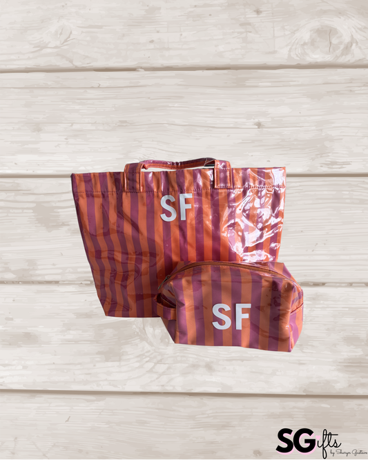 Personalized striped sunscreen and  beach bag bundle / waterproof pink/ orange