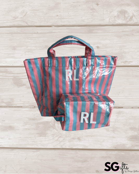 Personalized striped sunscreen and  beach bag bundle / waterproof  pale pink/ light blue