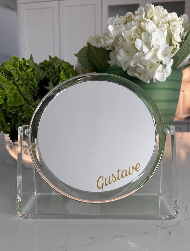 Personalized table top travel mirror w 2x magnification