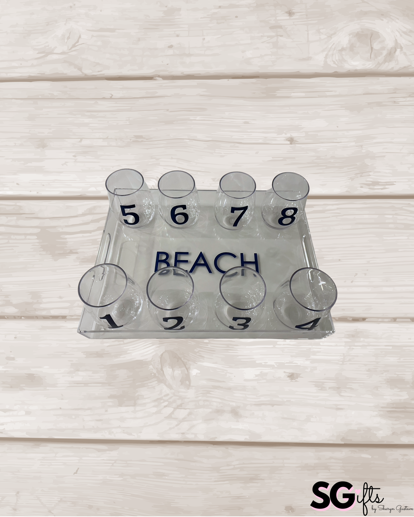 Personalized 11" x 14" clear acrylic tray with vinyl BEACH and 8 stemless wine glasses with numbers