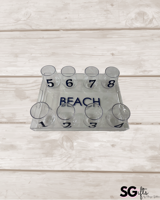 Personalized 11" x 14" clear acrylic tray with vinyl BEACH and 8 stemless wine glasses with numbers