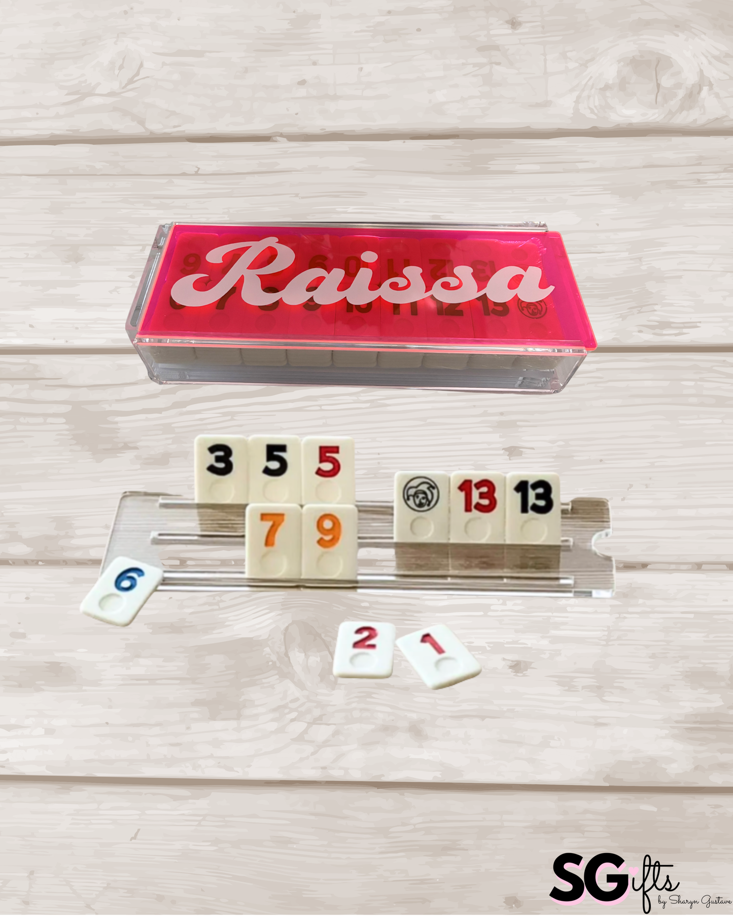 Personalized acrylic rummikub set - transparent hot pink