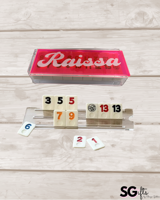 Personalized acrylic rummikub set - transparent hot pink
