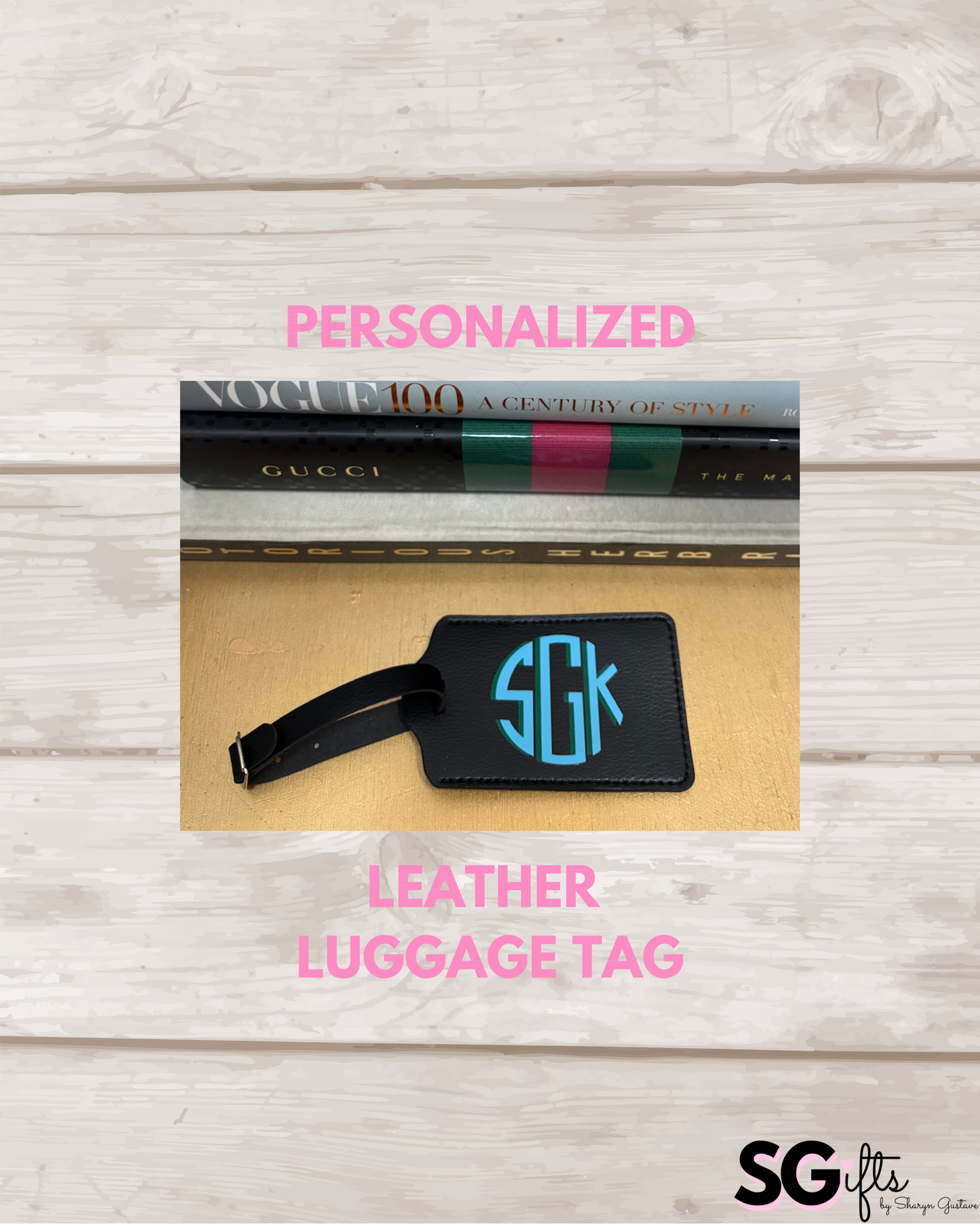 Personalized leather luggage tag black with 2 letter modern monogram