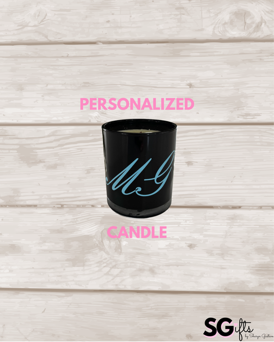 Personalized 7.8 ounce black candle- elegant monogram - bourbon amber
