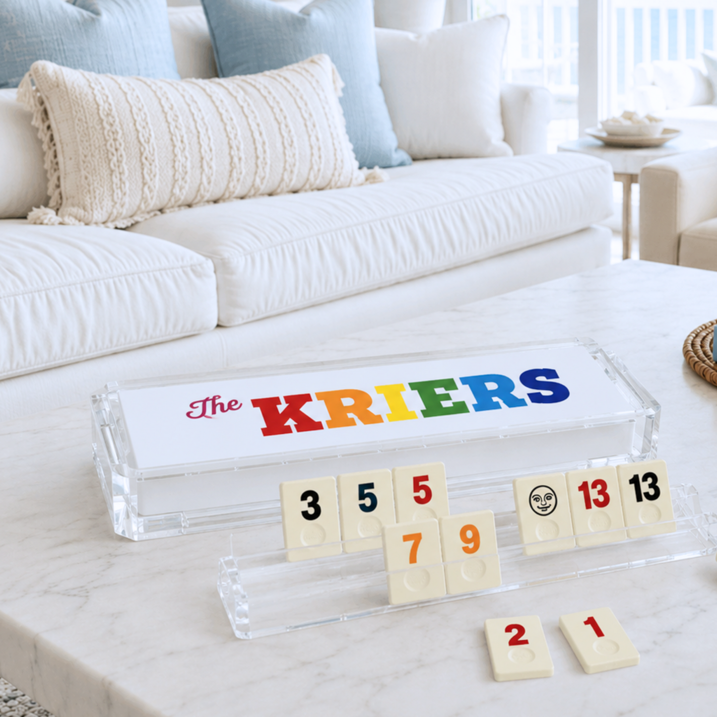 Personalized luxury acrylic rummikub set - custom name on opaque white lid