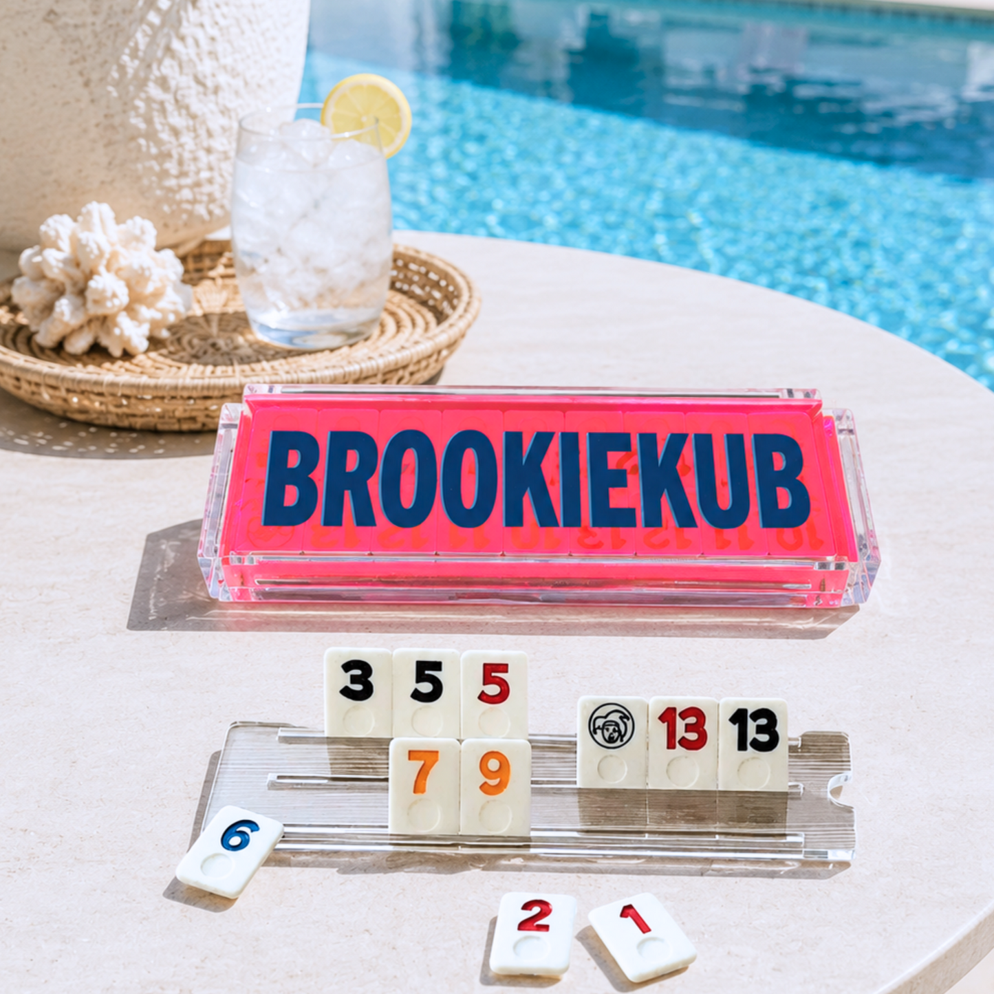 Personalized luxury acrylic rummikub set - transparent hot pink