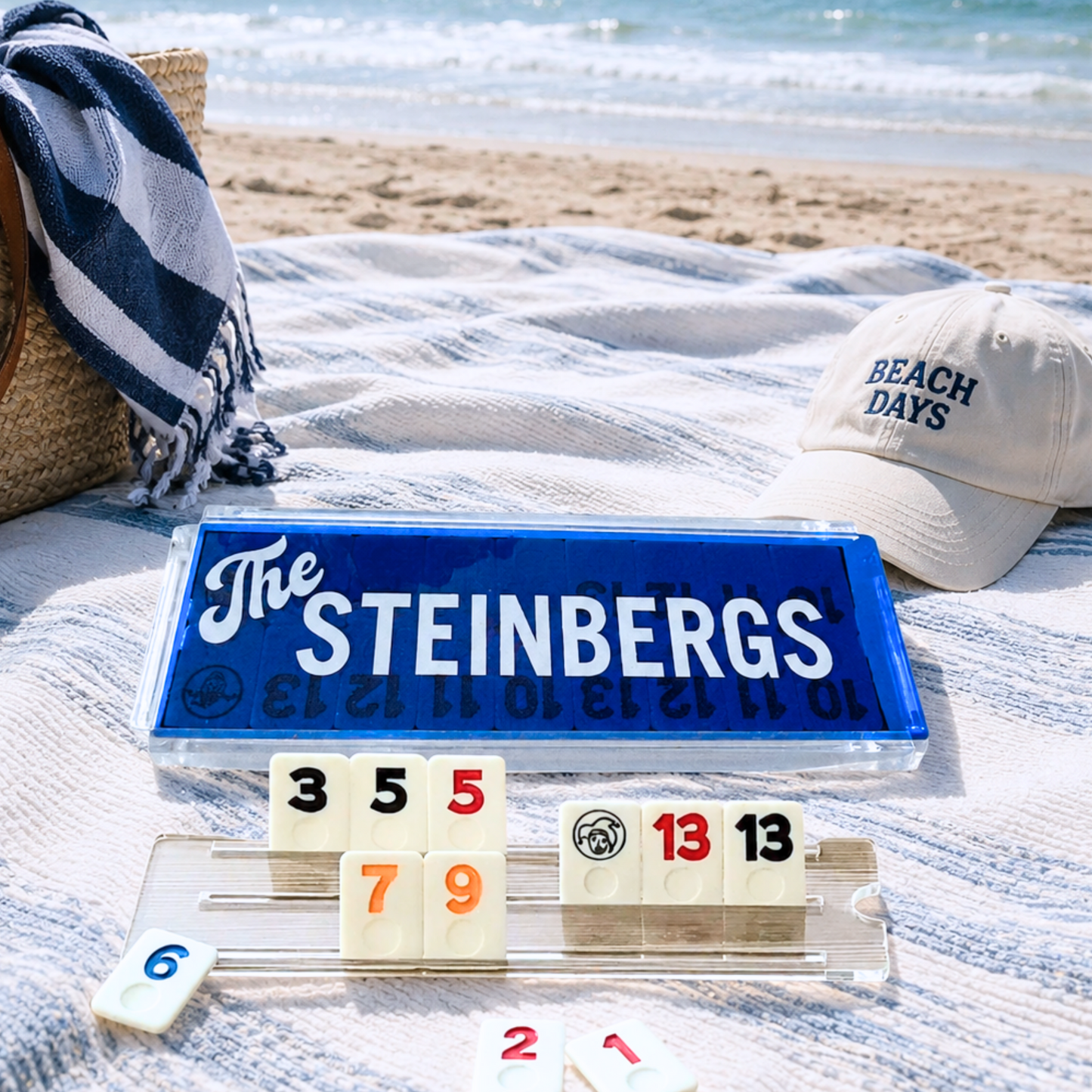 Personalized luxury acrylic rummikub set with your name or monogram -transparent blue