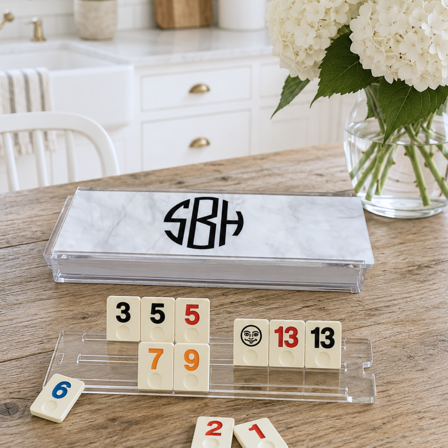 Personalized acrylic rummikub set -opaque white marble