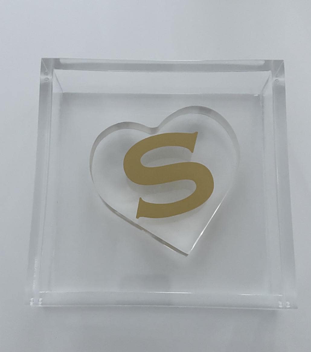 6.5” x 6.5” acrylic luncheon napkin holder with personalized acrylic heart weight
