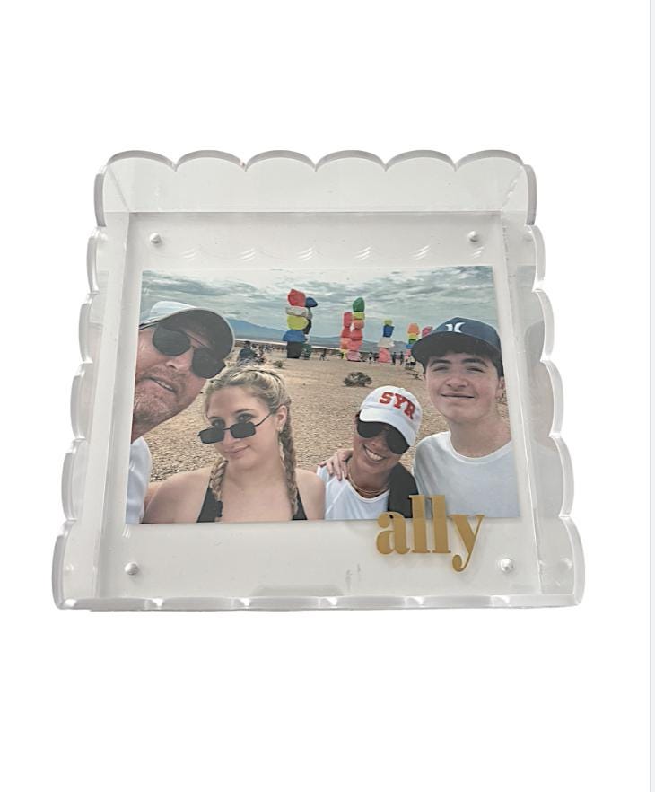 personalized 8" x 8" acrylic scalloped edge tray with magnetic mat which is perfect for photos