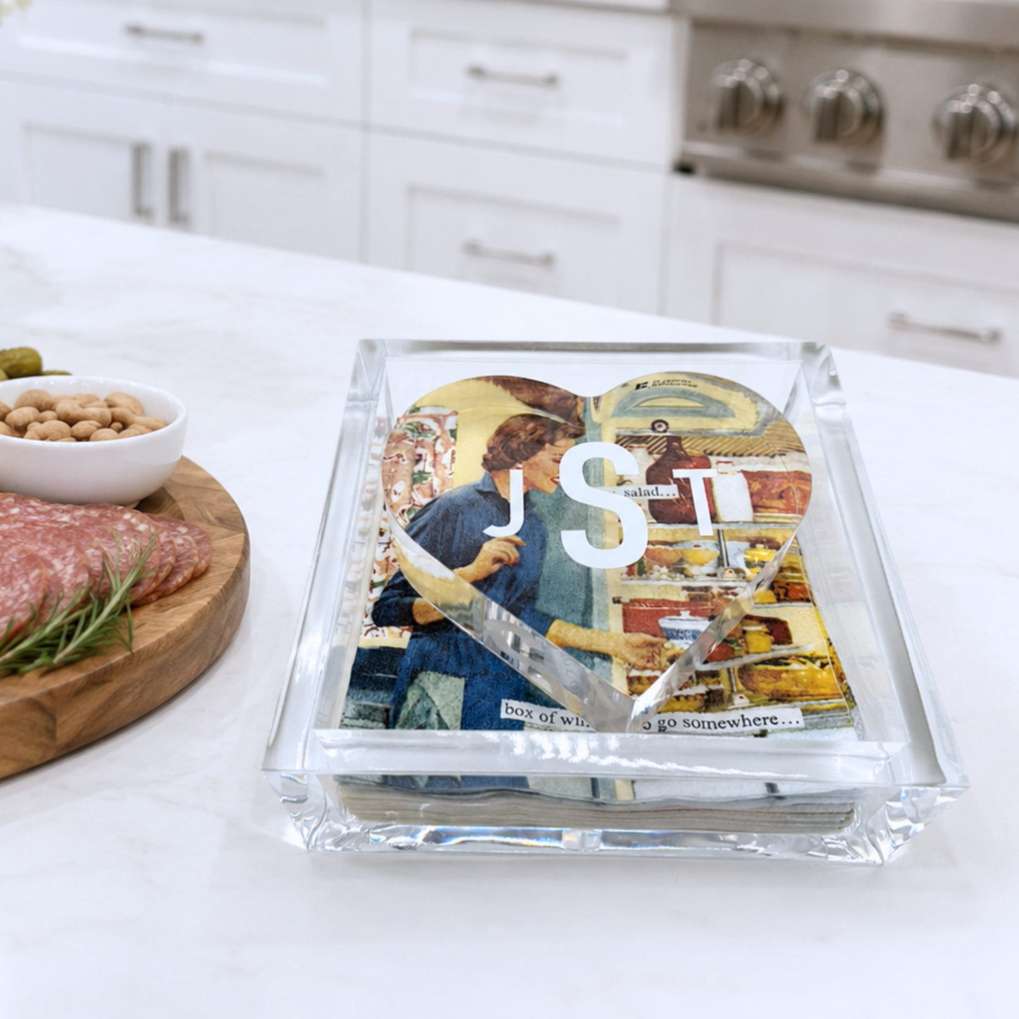 Personalized 6” x 6” acrylic cocktail napkin holder with acrylic heart weight